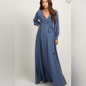 Blue Chiffon Long Sleeve Pleated Maternity Maxi Dress